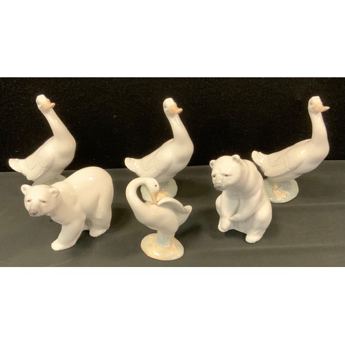 111 - A Lladro model of a goose;   others, Nao;  two Lladro polar bears (6)