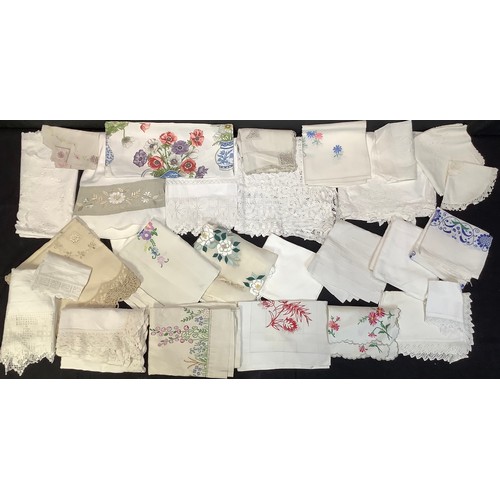100 - Textiles - lace edged linen table cloths, embroidered cloths, a table cloth and six serviette set; o... 