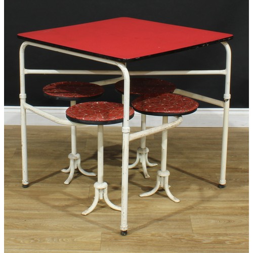 7 - A retro mid-20th century tubular metal framed diner or bistro banqueting table, integral swivel-out ... 