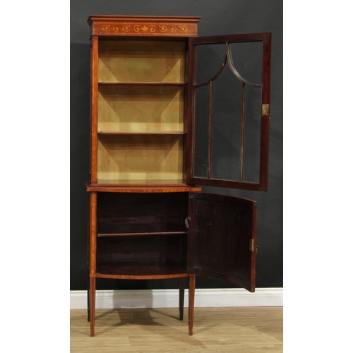 9 - An Edwardian satinwood banded mahogany and marquetry display cabinet, rectangular top above a glazed... 