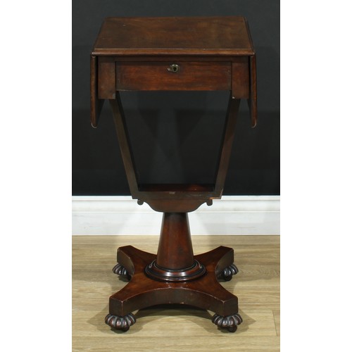 114 - A William IV mahogany work table, rectangular top with fall leaves above a single frieze drawer, 72.... 
