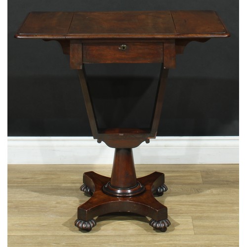 114 - A William IV mahogany work table, rectangular top with fall leaves above a single frieze drawer, 72.... 