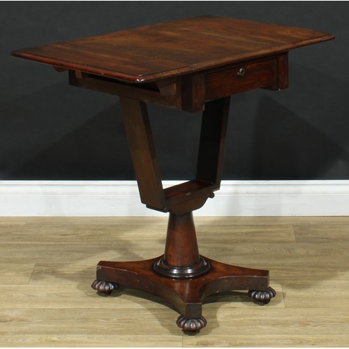 114 - A William IV mahogany work table, rectangular top with fall leaves above a single frieze drawer, 72.... 