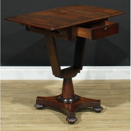 114 - A William IV mahogany work table, rectangular top with fall leaves above a single frieze drawer, 72.... 