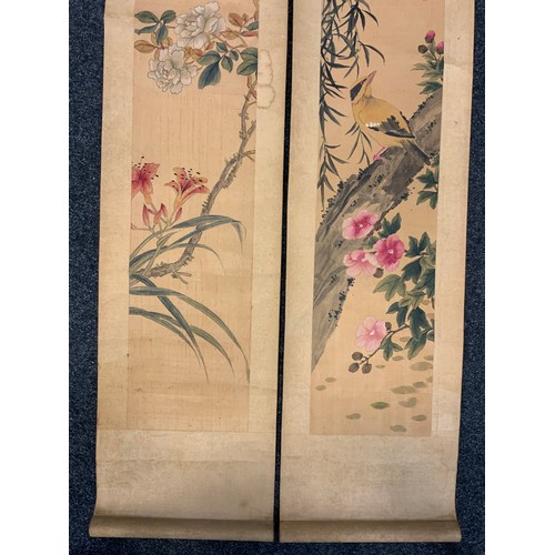 17 - A pair of Japanese wall scrolls, birds amongst blossoms, signed with characters (2)