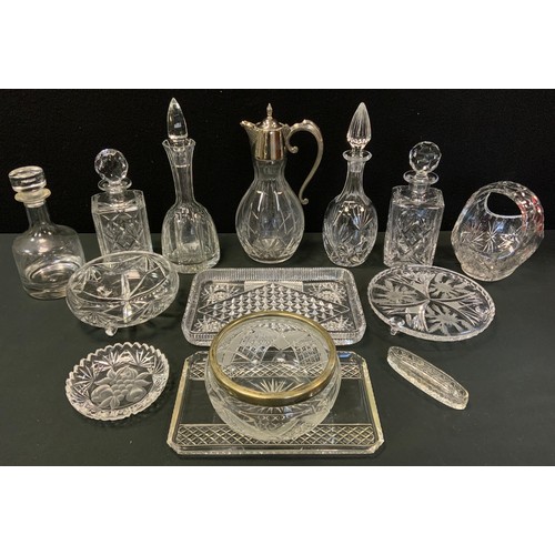 72 - A pair of Royal Doulton crystal stoppered decanters;  others Atlantis, etc;  claret jug with silver ... 