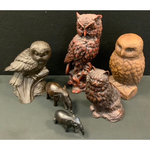 75 - A carved wooden figure, Standing Owl;  others molded Cat, Owl etc