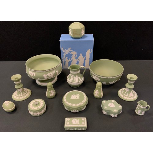 94 - Wedgwood - a pale green pedestal bowl, 23cm diameter, another 20cm;  pair of candlesticks, Prince of... 