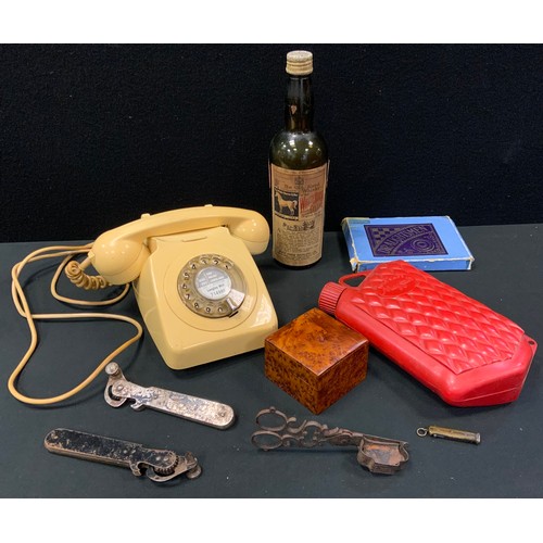 105 - A cream cradle telephone, ring dial, no 625, 746 GNA 72/1, White horse Cellar Whisky advertising bot... 