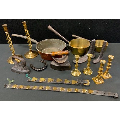 110 - Brass & Copper - a pair of ejector candlesticks;  others;  Albatross cast iron slug iron;  smoothing... 