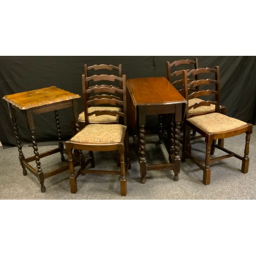 168 - A set of four oak and elm ladder back dining chairs, drop-in seats, turned legs, H-stretchers; a 20t... 