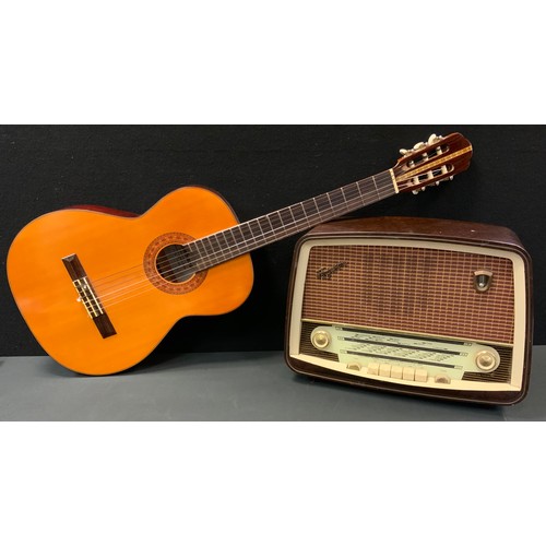 174 - A Japanese Kimbara six string acoustic guitar, cased;  vintage Thorn Ferguson valve radio, model 384... 