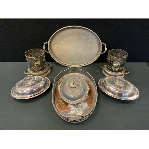 198 - silver plate -a large oval galleried tray;   pair of Bradleigh Plate Paramount bottle stands;  pair ... 