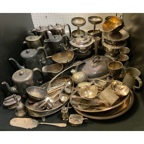 201 - Silver plate - a three piece gadrooned tea set; cruet set;  flatware;  bowls, etc