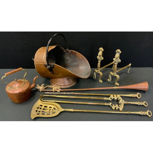 206 - Brass & Copper - a copper coal scuttle;  brass fire irons, pair of andirons;  coaching horn;  trivet... 