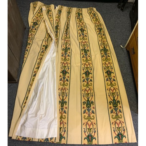 208 - A large pair of striped multi-colour lined and weighted  curtains, mustard yellow ground, 210cm drop... 