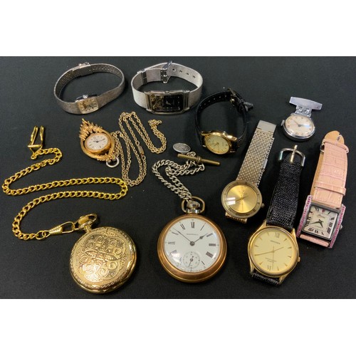 302 - Watches - an Ingersoll nurses fob watch;  Ingersoll open face pocket watch;  boxed Waltham ladies br... 