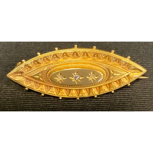 341 - A late Victorian diamond inset navette mourning brooch, set with three rose cut diamond accents, ova... 