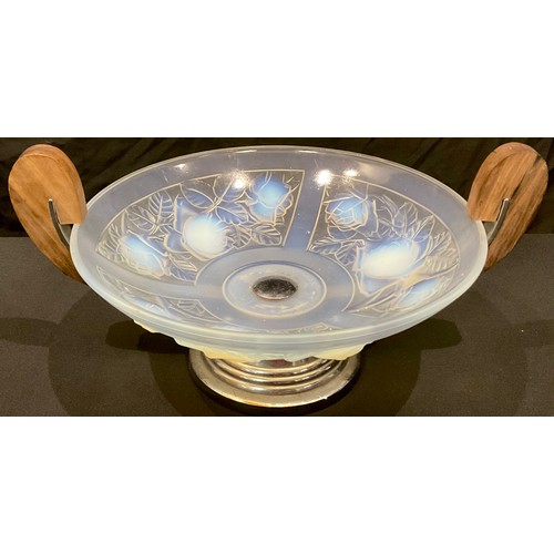 22 - An Art Deco style glass pedestal two handled dish in the Lalique style, 38cm wide over handles