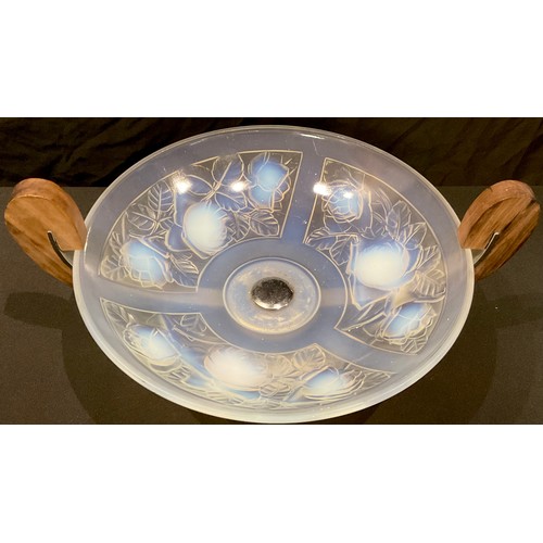 22 - An Art Deco style glass pedestal two handled dish in the Lalique style, 38cm wide over handles