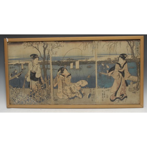 439 - Japanese School (Edo/Meiji period), a set of three, Women Fishing, signed and inscribed with seal an... 