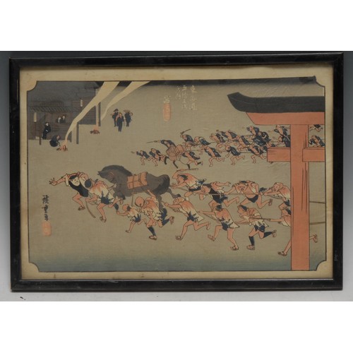 439 - Japanese School (Edo/Meiji period), a set of three, Women Fishing, signed and inscribed with seal an... 