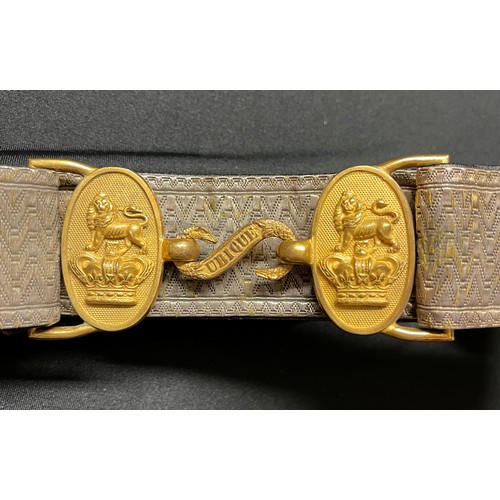 59 - A Victorian Royal Artillery officers brocade belt with VR Lion & Queen Crown gilt buckles with snake... 