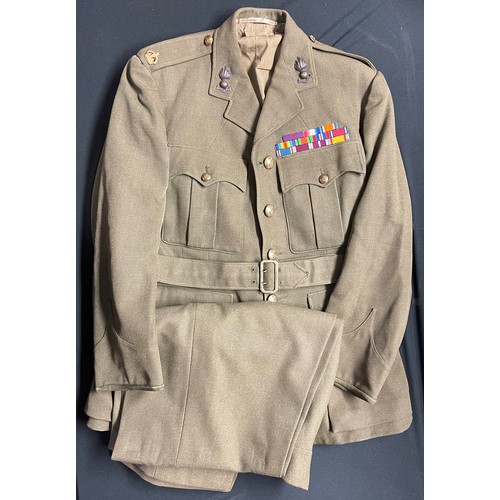 107 - WW2 British Royal Artillery Majors Service Dress Jacket. Three row medal ribbon bar with WW1, inter ... 