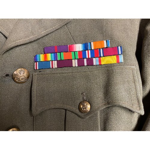 107 - WW2 British Royal Artillery Majors Service Dress Jacket. Three row medal ribbon bar with WW1, inter ... 