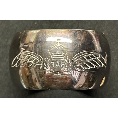 115 - WW2 RAF EPNS Napkin ring engraved with RAF Pilots wings and the number 66, 48mm in diameter, no make... 