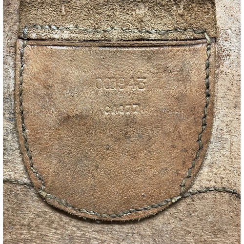 116 - WW2 British Army leather spare horse shoe pouch, complete with horse shoe, maker marked and dated 