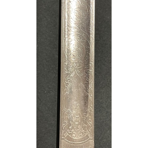 129 - WW2 British 1897 Pattern Officers Sword. 815mm long single edged fullered blade with etched decorati... 