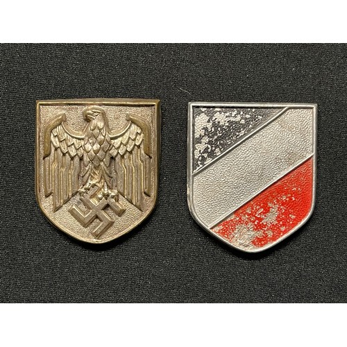 136 - WW2 Third Reich Troppenhelm Wappen. Tropical Helmet Eagle and National Colours Shields. Eagle has al... 