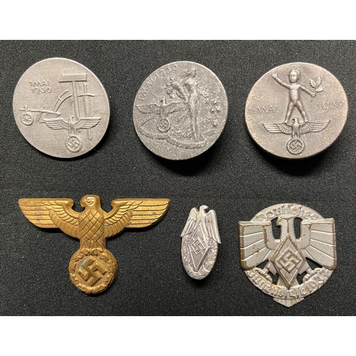 138 - WW2 Third Reich Rally badges, HJ rally badges and cap eagle to include: 1 Mai 1936, 1 Mai 1937, 1 Ma... 