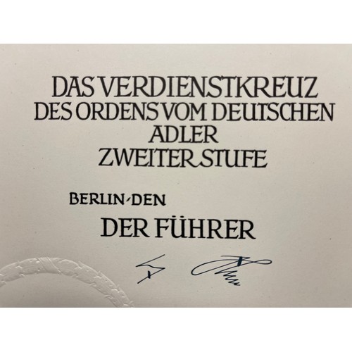 161 - WW2 Third Reich Citation and Folder for the Verdienstkreuz der Deutschen Adlerodern, 2 Klasse.  Serv... 