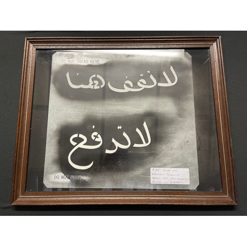 172 - An RAF Gulf War aircraft stencil in alloy. Wording in Arabic for 