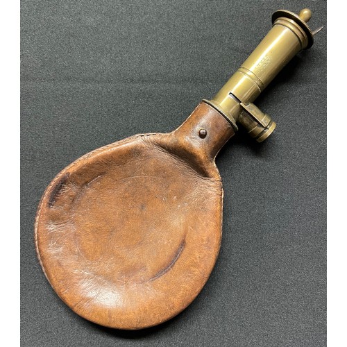 188 - A Sykes Patent Leather and Brass Shot Measure. Trademarked to neck. Removeable shot scoop which enab... 