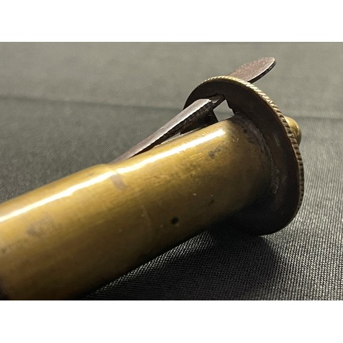 188 - A Sykes Patent Leather and Brass Shot Measure. Trademarked to neck. Removeable shot scoop which enab... 