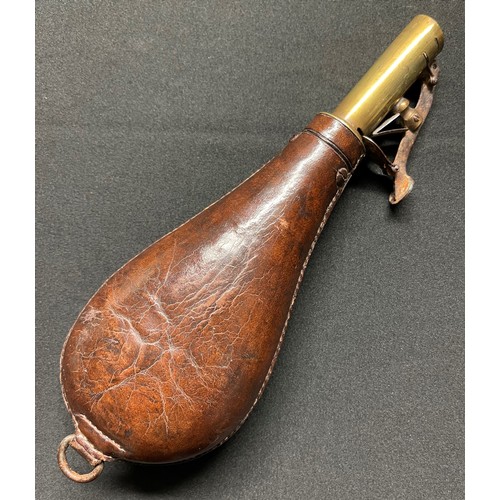 189 - A 19th Century Brass and Leather Shot Flask. Adjustable to enable two different measures of shot to ... 