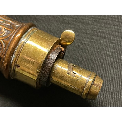 191 - A Brass and Copper Powder Flask embossed with a design of a Clam Shell. Four adjustable measures of ... 