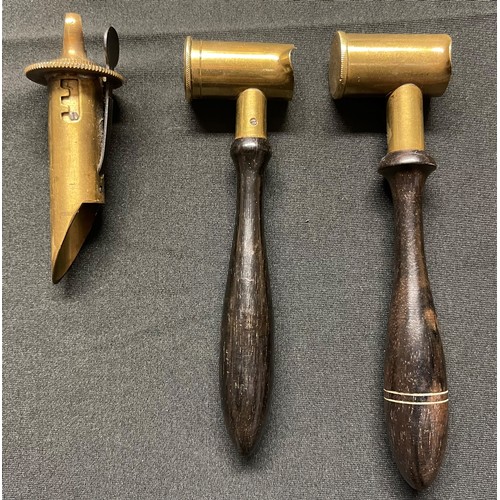 194 - A collection of three Black Powder Measures. One brass measure with adjustable settings from 5 3/4 d... 