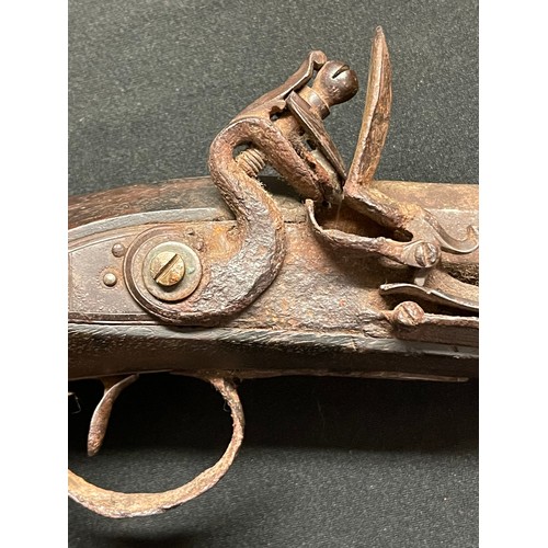 198 - Flintlock Pistol with 195mm long barrel, bore approx 14mm, overall length 340mm, maker marked 