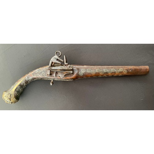 202 - Balkan style Flintlock Pistol with 270mm long barrel. Approx. 13mm Bore. Working action. Decorated s... 