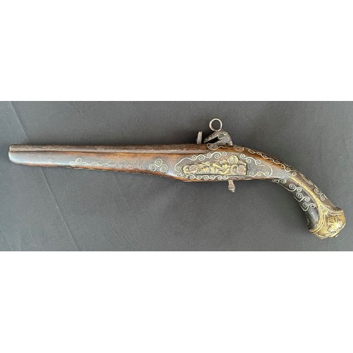 202 - Balkan style Flintlock Pistol with 270mm long barrel. Approx. 13mm Bore. Working action. Decorated s... 