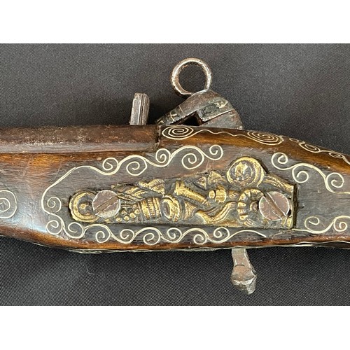 202 - Balkan style Flintlock Pistol with 270mm long barrel. Approx. 13mm Bore. Working action. Decorated s... 