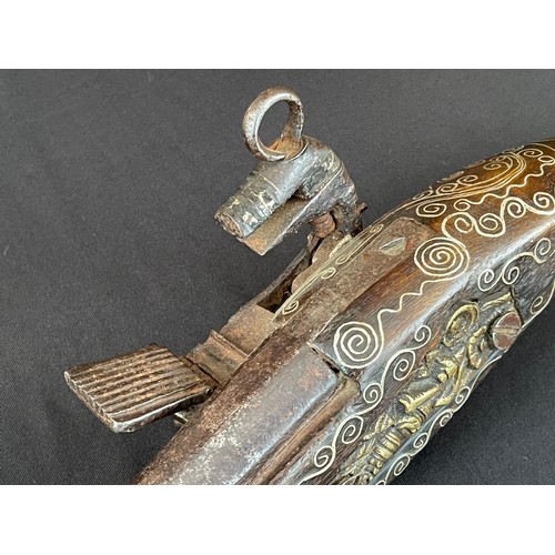 202 - Balkan style Flintlock Pistol with 270mm long barrel. Approx. 13mm Bore. Working action. Decorated s... 