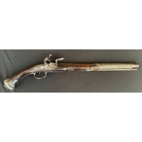 203 - Flintlock Pistol with 360mm long barrel. Bore approx. 15mm. Overall length 548mm. Action will only h... 