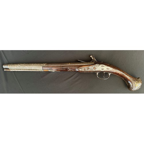 203 - Flintlock Pistol with 360mm long barrel. Bore approx. 15mm. Overall length 548mm. Action will only h... 