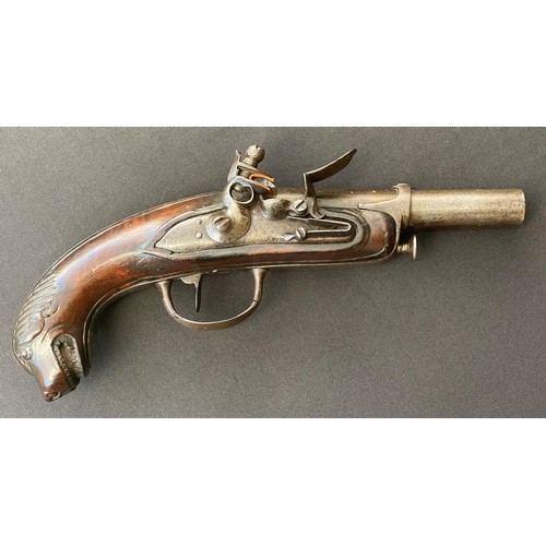 204 - French 'Chien de Mer' naval officer's flintlock pistol with 110mm long barrel. Bore approx. 15mm. Wo... 