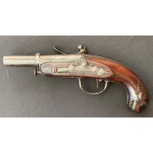 204 - French 'Chien de Mer' naval officer's flintlock pistol with 110mm long barrel. Bore approx. 15mm. Wo... 